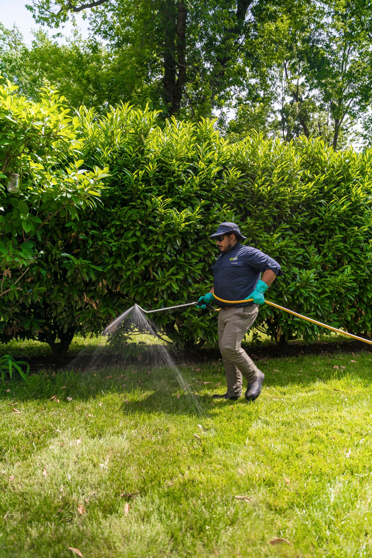 GreenStripe technician applying a treatment along the edge of a green lawn