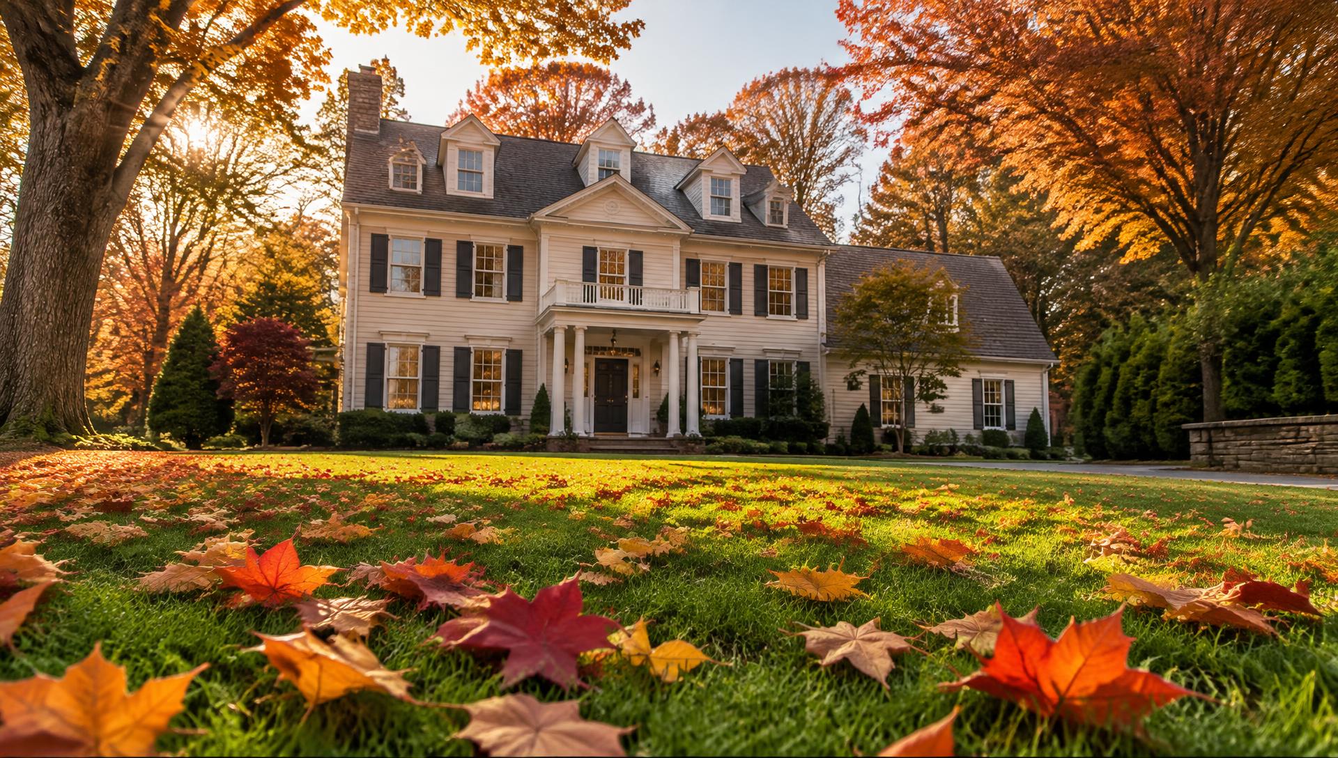 Colonial home in Northern New Jersey with a green lawn and colorful fallen maple leaves in late autumn