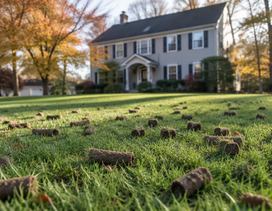 Core aeration plugs scattered across a New Jersey lawn in autumn