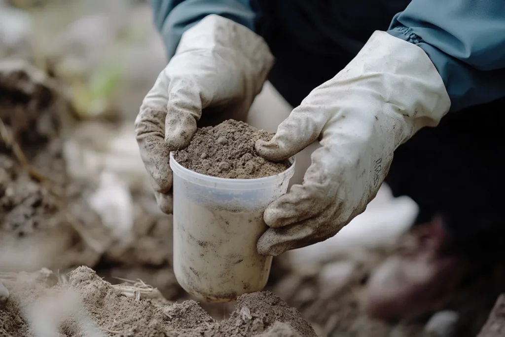 Soil testing in spring, collecting sample